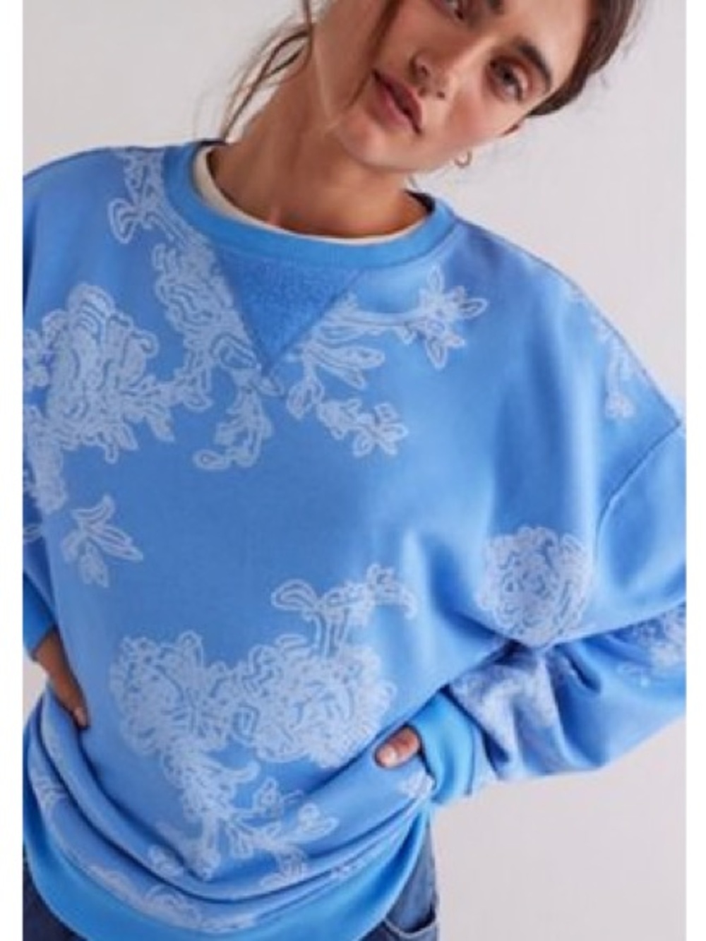 Free People Classic Oversized Blue Floral-Print Crewneck Sweatshirt